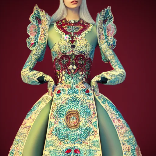 Image similar to ornate serbian traditional dress, fashion design, dress display, hyperrealistic, rendered 4 k, full view