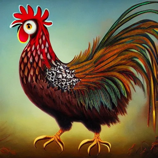 Image similar to hybrid bird cross between rooster and an owl detailed oil painting luminescent magical realism 4 k