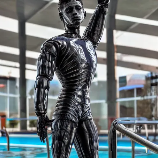Prompt: a realistic detailed photo of a guy who is an attractive humanoid who is half robot and half humanoid, who is a male android, wrestler nick suriano, shiny skin, posing like a statue, blank stare, by the pool, on display, showing off his muscles, humanoid robot, frozen ice statue