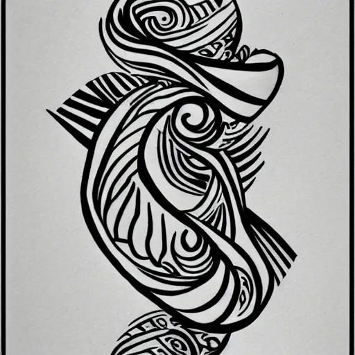 Prompt: tattoo sketch of a sea, on a yellow paper, ornamental, line art, minimalism, maori