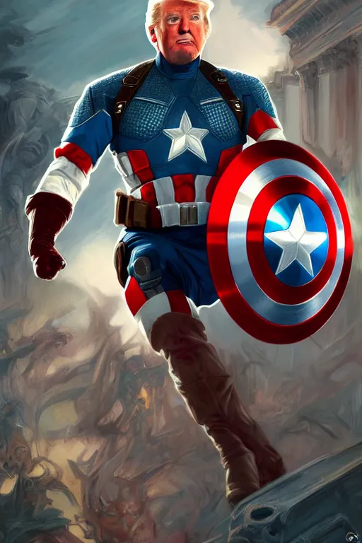 Prompt: a distant cinematic shot of Donald Trump as Captain America, D&D, fantasy, intricate, elegant, highly detailed, digital painting, artstation, concept art, matte, smooth, sharp focus, illustration, art by Artgerm and Greg Rutkowski and Alphonse Mucha, octane render, 8k, hyper realistic