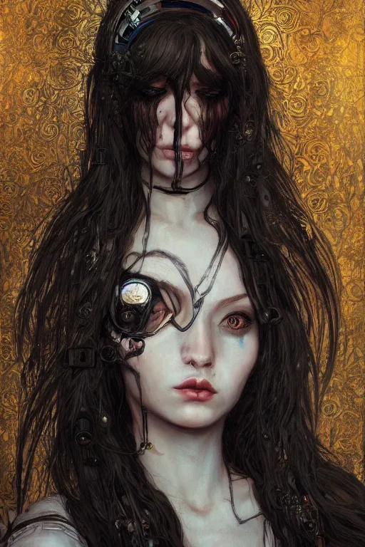 Prompt: portrait of beautiful young gothic maiden, cute face, cyberpunk, Warhammer, highly detailed, artstation, illustration, art by Gustav Klimt