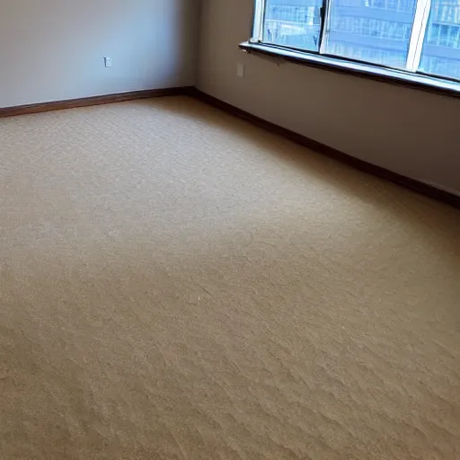 Prompt: empty apartment room with carpet flooring and single burrito wrapped in foil in the middle of the room