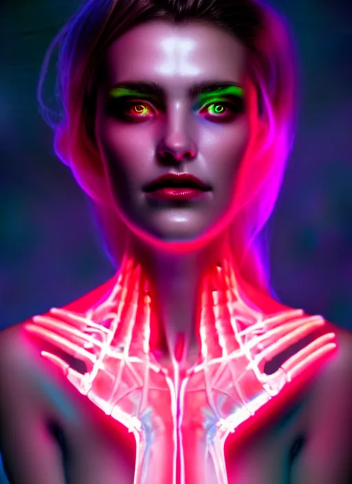 Image similar to portrait female posing sensual figure x - ray, skeletal, glowing veins under translucent skin, highly detailed skin, among neon bed of flowers, windy, stormy sky, bioluminescent, plasma, greg rutkowski, 8 k trending on artstation,