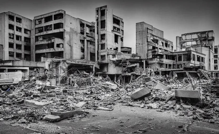 Image similar to a brutalist city, buildings with crumbling concrete and rubble strewn across the streets - H 1000