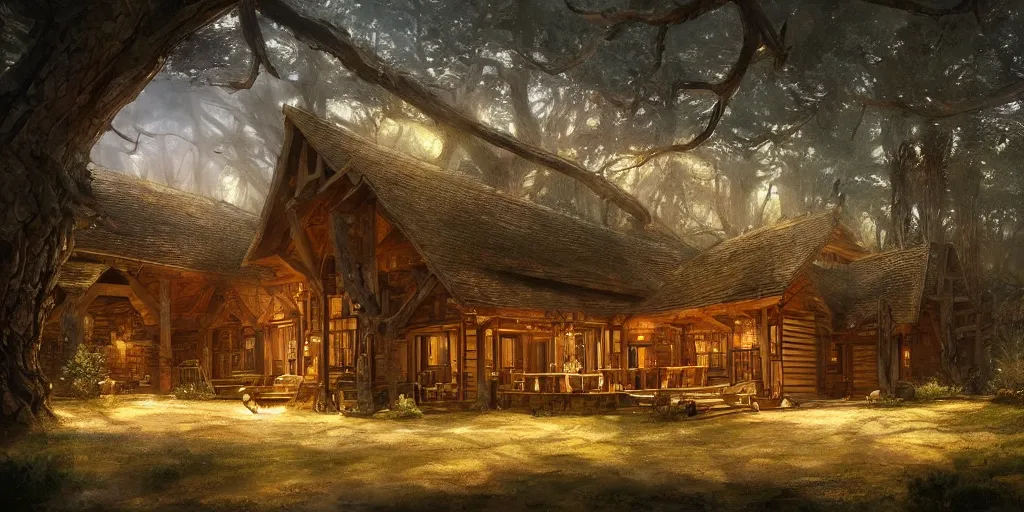 Image similar to artwork of the timber retreat, by john howe & tim white & les edwards, exquisite lighting, clear focus, highly detailed, cinematic view, trending on artstation, exquisite