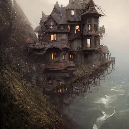 Prompt: unkind haunted house that hasn't been maintained properly sitting atop a narrow cliff on a bouncy hillside, overlooking a grim ocean, digital painting by greg rutkowski and gaston bussiere, trending on artstation, cgsociety contest winner, zbrush, intricately defined, comprehensive art, 4 k