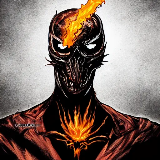 Prompt: ghost rider symbiote, comic strip style, dynamic lighting, fantasy concept art, trending on art station, stunning visuals, creative, cinematic, portrait, ultra detailed