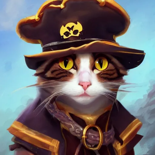 Image similar to Portrait of a Kawaii Cat dressed as a Pirate, digital painting, highly detailed, artstation, concept art, smooth, sharp focus, illustration, art by artgerm and greg rutkowski.