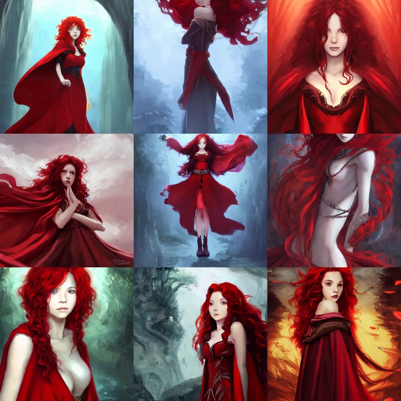 Prompt: portrait of a female sorceress with curly red hair wearing a red dress and a red cloak exploring a dark and sinister tomb, half body, single subject, ambient lighting, highly detailed, digital painting, trending on pixiv fanbox, studio ghibli, extremely high quality artwork, art by ross tran and artgerm and makoto shinkai