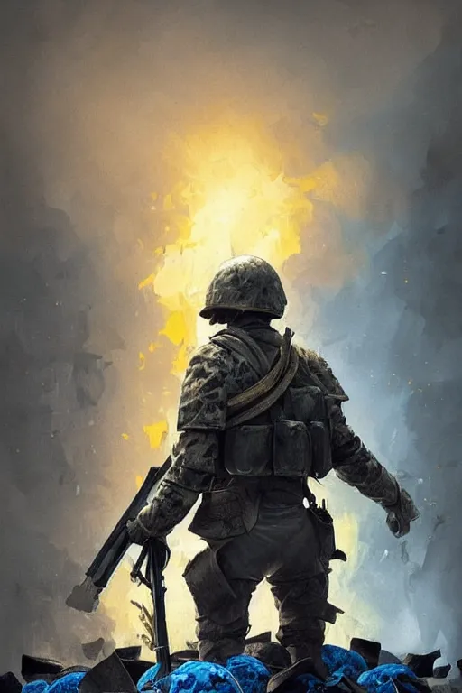 Image similar to a distant shot of a Ukrainian Battlefield 5 soldier with blue and yellow flag standing alone on a huge pile of skulls as a winner, masculine figure, D&D, fantasy, intricate, elegant, highly detailed, extremely detailed, digital painting, artstation, concept art, matte, sharp focus, symmetrical, illustration, art by Artgerm and Greg Rutkowski and Alphonse Mucha