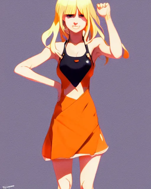 Image similar to blond woman in an orange ripped mini dress, by artgerm, by studio muti, greg rutkowski makoto shinkai takashi takeuchi studio ghibli