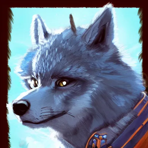 Image similar to furry blue wolf, fantasy dieselpunk, portrait, artstation