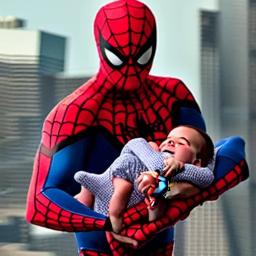 Image similar to realistic photo of spiderman holding baby wearing spiderman costumes, an film still