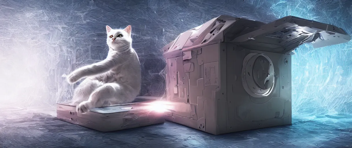 Prompt: futuristic illustarion of schrodinger's cat in a box, quantum paradox, dead and alive, quantum superposition, waves and particles, wave function, scifi style, concept art, artsation, 4 k resolution
