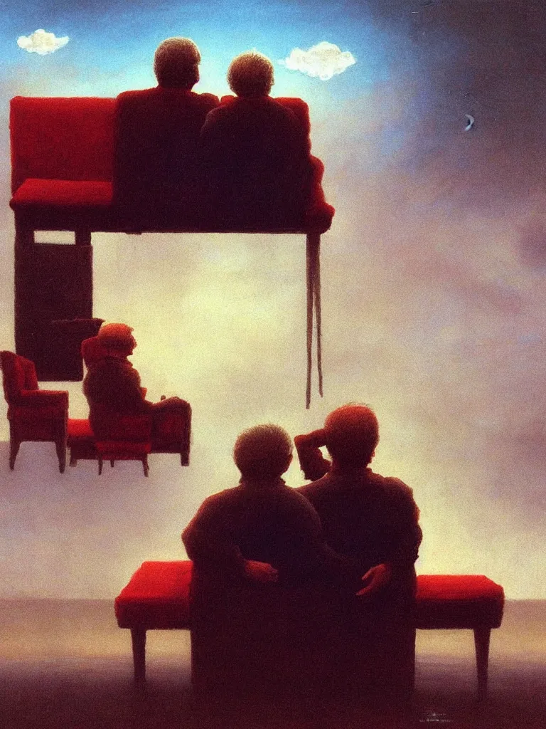 Prompt: old couple sitting on a couch in front of a boy in skies, psx game graphics , Beksinski painting