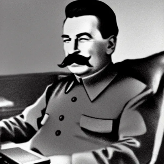 Prompt: stalin sits in front of a laptop, watching it and showing thumbs up on his left hand