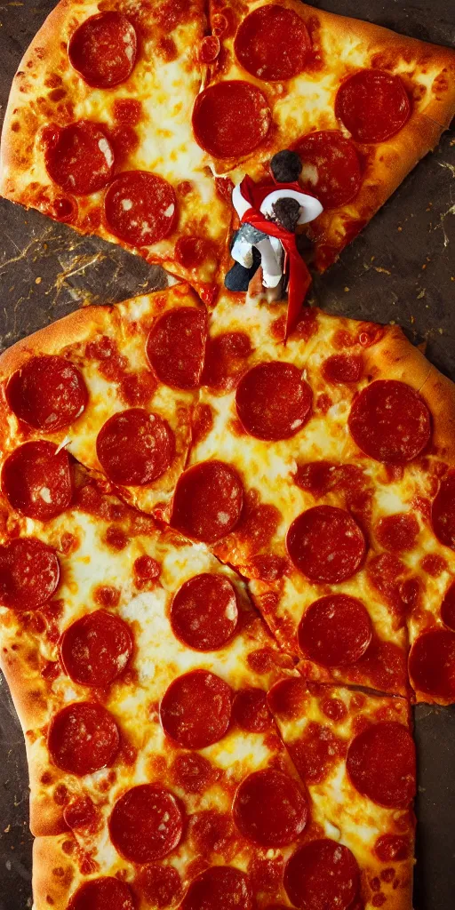 Image similar to melting cheese pizza Pepperoni man, superhero, cinematic lighting, highly realistic, portrait