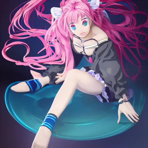 Image similar to stunningly beautiful omnipotent megalomaniacal anime goddess who looks like junko enoshima with symmetrical perfect face and porcelain skin, pink twintail hair and mesmerizing cyan eyes, looking down upon the viewer and taking control while smiling in a mischievous way, mid view from below her feet, hyperdetailed, 2 d anime, 8 k