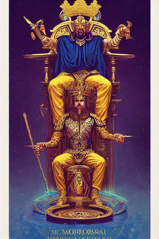 Prompt: the emperor tarot card, the crowned embodiment of male power holding the symbol of his power sits on a lavish throne ruling with wisdom and care, 8 k resolution digital painting, by alena aenami, by michael whelan, behance hd, trending on artstation deviantart