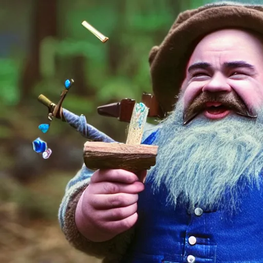 Image similar to a pudgy dwarf wearing blue overalls with full beard and a pocketful of gems holding a pickax, high resolution film still, HDR color, movie by Wolfgang Petersen and Peter Jackson