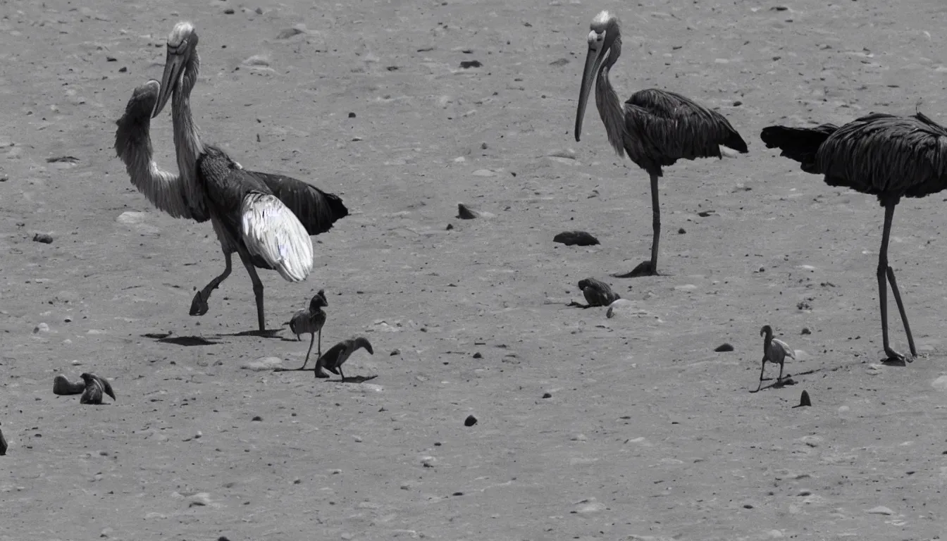 Prompt: a shoebill stork taking a bath on the surface of the moon, with some alien lizards in the background watching