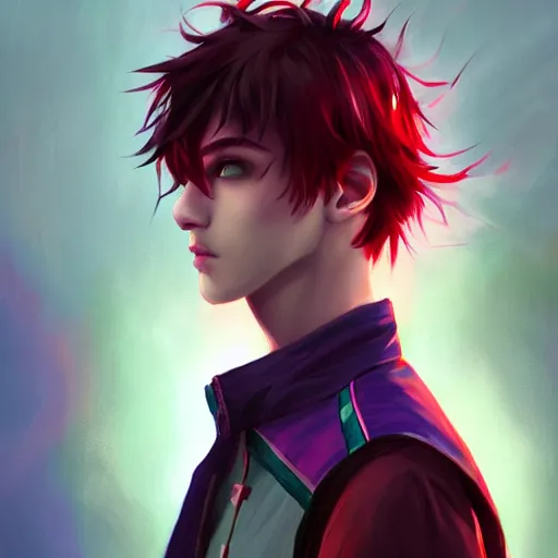 Prompt: colorful and festive captivating teenager boy with straight purple hair, purple eyes with red eye markers, slim body, wearing japanese combat clothes. rich vivid colors, ambient lighting, dynamic lighting, 4 k, atmospheric lighting, painted, intricate, highly detailed by charlie bowater