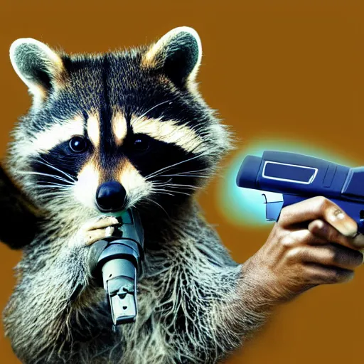 Image similar to racoon holding a laser gun, digital art , centred award winning 4K