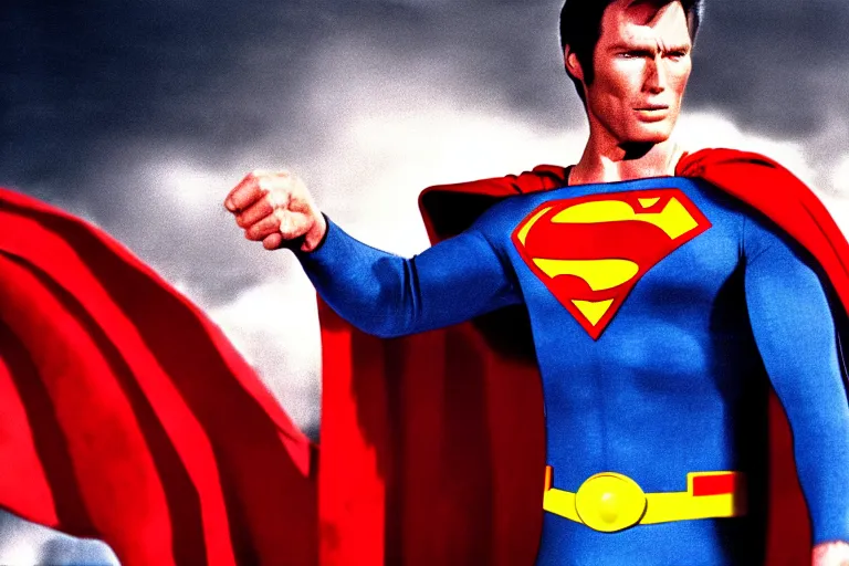 Image similar to clint eastwood as superman in the 1 9 8 0's, superhero film, hyperrealistic, detailed, smooth, sharp focus