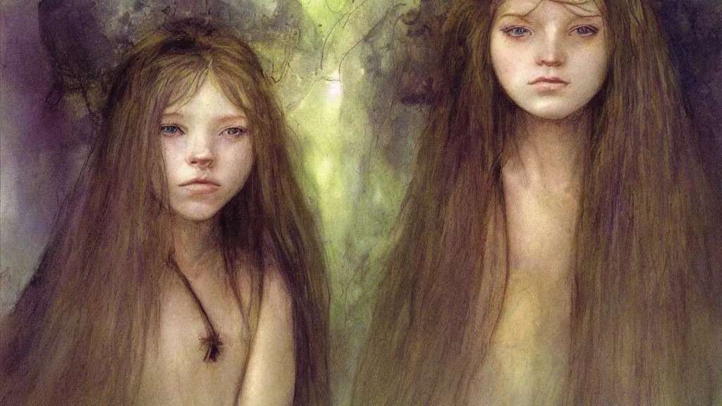 Prompt: A decent young girl portrait by Brian Froud.