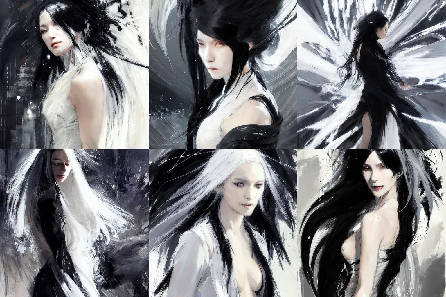 Prompt: Woman dressing black and long white hair by Wadim Kashin and Takahino Inoue