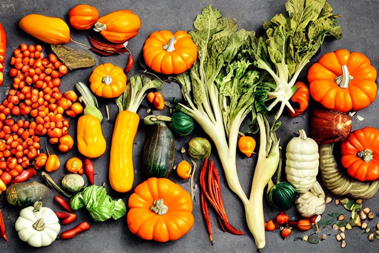 Prompt: magazine quality photo spread of beautifully displayed fall vegetables