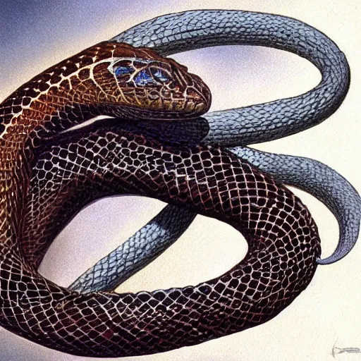 Image similar to cubic zirconia by john howe, by hal foster hideous. a beautiful photograph of a snake eating its own tail that seems to go on forever.