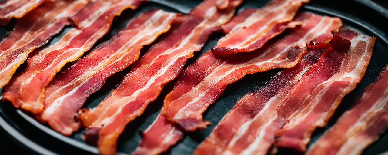 Prompt: well cooked bacon, smoking, authentic, zeiss, 3 5 mm, dslr, macro, food photography, tasty, wide shot, studio, gmaster, cooking, food, kodak, sony, canon