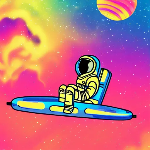 Prompt: Medium shot of an astronaut floating in space designed by Lisa Frank, digital art, cartoon art, acrylic, bokeh, synthwave, retro,