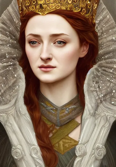 Prompt: portrait of sansa stark with crown, intricate, elegant, highly detailed, digital painting, artstation, concept art, smooth, sharp focus, illustration, art by artgerm and greg rutkowski and alphonse mucha and william - adolphe bouguereau