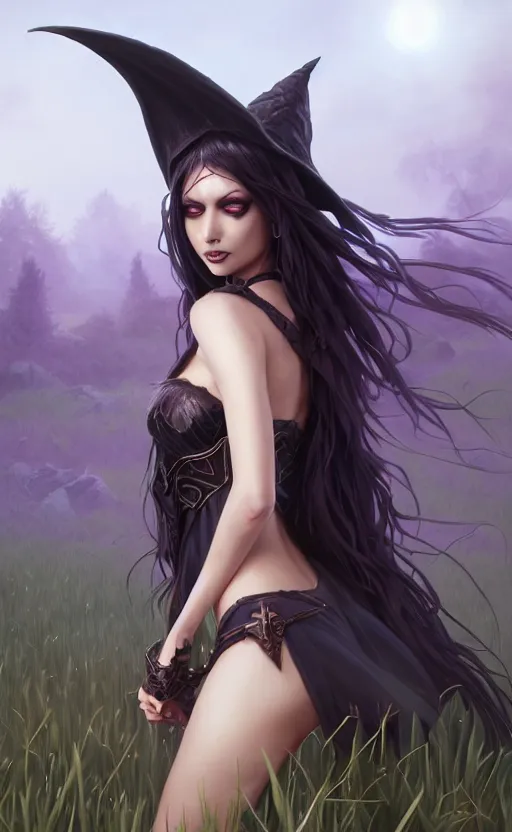 Image similar to medium shot of dark elf witch in field, sunny, highly detailed, d & d, fantasy, highly detailed, digital painting, trending on artstation, concept art, sharp focus, illustration, global illumination, ray tracing, realistic shaded, art by artgerm and greg rutkowski and fuji choko and viktoria gavrilenko and hoang lap