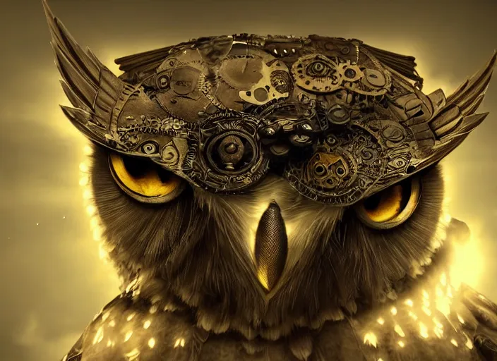 Image similar to a flying Warrior owl art nuveau, steampunk, symmetry, cinematic lighting , unreal engine,