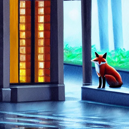 Prompt: painting of a fox in front of a bus stand bench at a rainy night, trending on artstation - 1 0 2 4