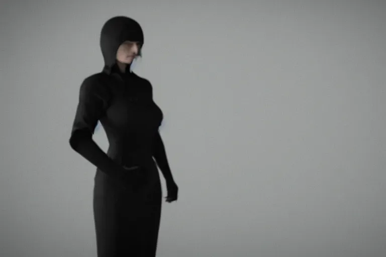 Image similar to a creepy woman wearing all black, standing in a dark, eerie room, melancholic, dreary, sinister, 3D render,