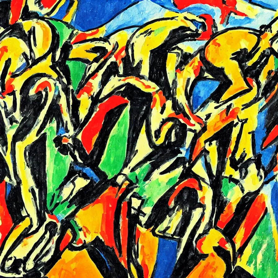 Prompt: the tour de france . painted in german expressionist style by a triceratops