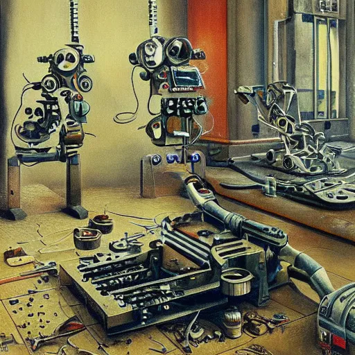 Image similar to i'm machine, i'm obsolete, in the land of the free, lobotomy. beautiful and detailed painting by grislaw ludovek ( 1 9 7 5 ).