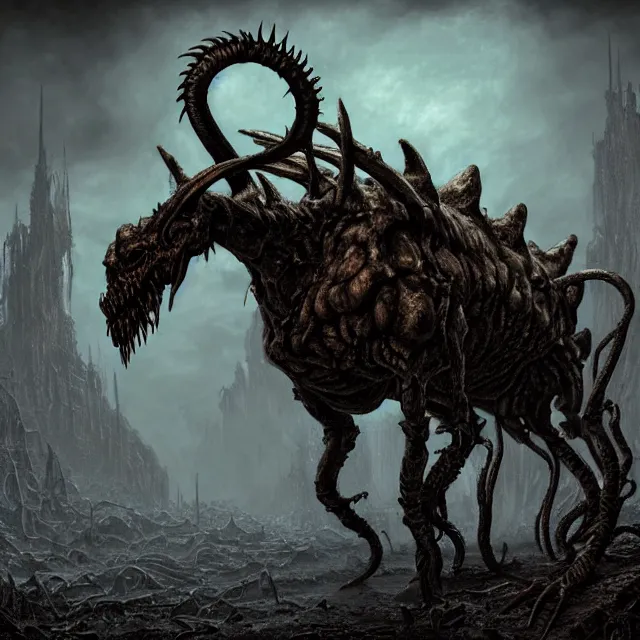 Image similar to photorealistic eldritch deathclaw in a post apocalyptic wasteland in the style of michael whelan and gustave dore. hyperdetailed photorealism, 1 0 8 megapixels, amazing depth, high resolution, 3 d shading, 3 d finalrender, 3 d cinematic lighting, glowing rich colors, psychedelic overtones, artstation concept art.