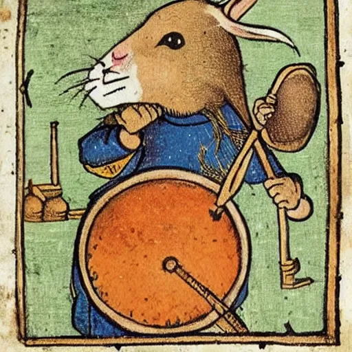 Prompt: medieval book illustration of a rabbit playing drums