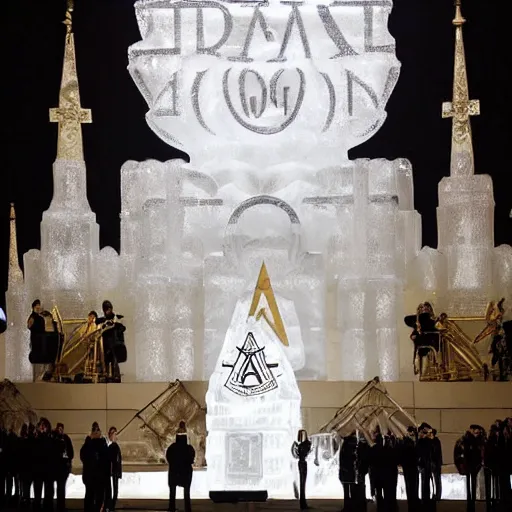 Image similar to photograph of the 2 0 foot high elaborate occult masonic illuminati ice sculpture from lady gaga's presidential funeral