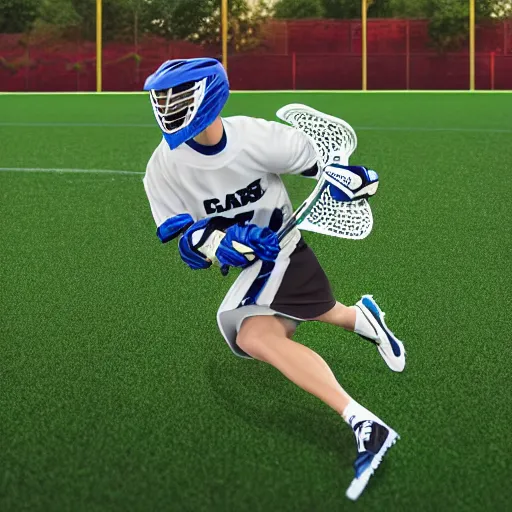 Prompt: lacrosse player, soccer field, cascade helmet, realistic, running, very detailed, 8k, high resolution, ultra realistic, no grain, symmetry, normal proportions, sports illustrated style, Cascade XRS Custom Lacrosse Helmet, brine lacrosse stick, Brine Lacrosse King V Gloves, normal feet, Nike Alpha Huarache 7 Elite, STX Surgeon 700 Lacrosse Arm Guards