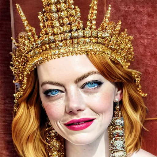 Image similar to A portrait of Emma Stone wearing a golden Arabian crown , royality, high quality, fully detailed, 4k