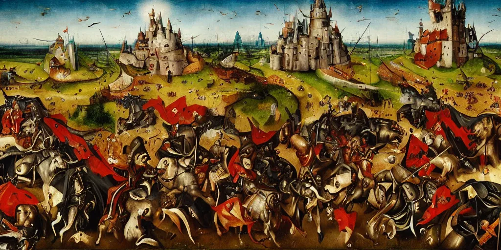 Image similar to heroes of might and magic gameplay in style of hieronymus bosch paintings, painting, gameplay, high detailed, dark fantasy, dark tones, buildings, armored units, red flags, cavalry, rpg, high detailed, contrast, octane render, mill, farm, creative