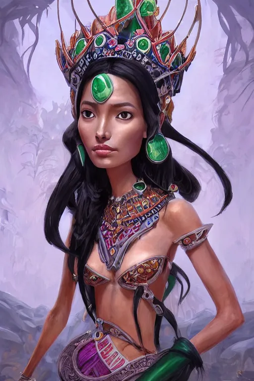 Prompt: a professionally painted portrait of a mayan queen , clothed in jade jewelry , olive skin, long dark hair, beautiful bone structure, symmetrical facial features, intricate, elegant, digital painting, trending on Artstation, concept art, smooth, sharp focus, illustration, from Rayman legends by Ruan Jia and Mandy Jurgens and Artgerm and William-Adolphe Bouguerea, award winning