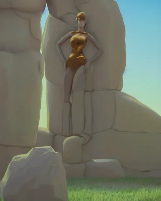 Image similar to a painting of a real woman standing in front of a huge stone statue, a screenshot by stanley twardowicz, cgsociety, aestheticism, aesthetic, vaporwave, anime aesthetic